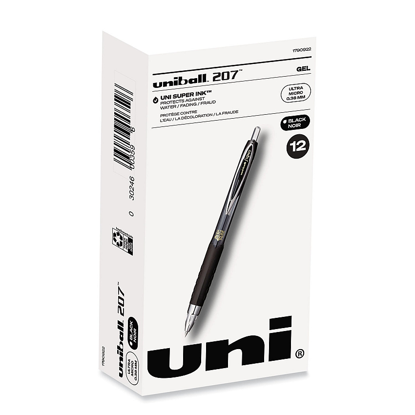 uni-ball 207 Signo Gel Ultra Micro Gel Pen, Retractable, Extra-Fine 0.38 mm, Black Ink, Smoke Barrel (1790922)