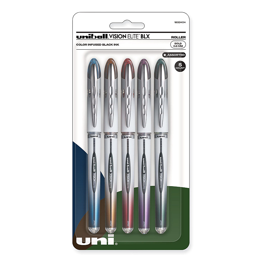 uni-ball VISION ELITE BLX Series Roller Ball Pen, Stick, Bold 0.8 mm, Assorted Ink and Barrel Colors, 5/Pack (1832404)