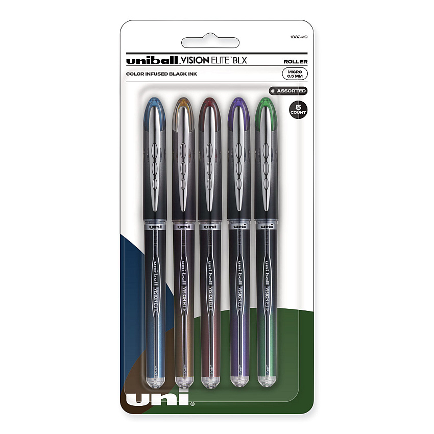 uni-ball VISION ELITE BLX Series Roller Ball Pen, Stick, Micro 0.5 mm, Assorted Ink and Barrel Colors, 5/Pack (1832410)