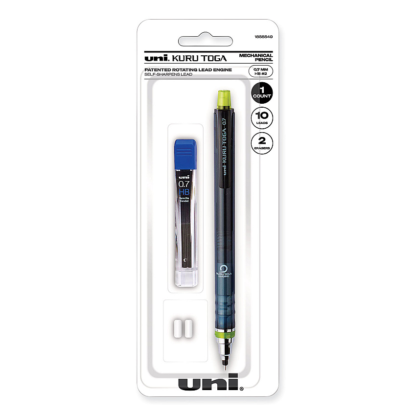 uni-ball KuruToga Mechanical Pencil, 0.7 mm, HB (#2), Black Lead, Black/Green Barrel (1858549)