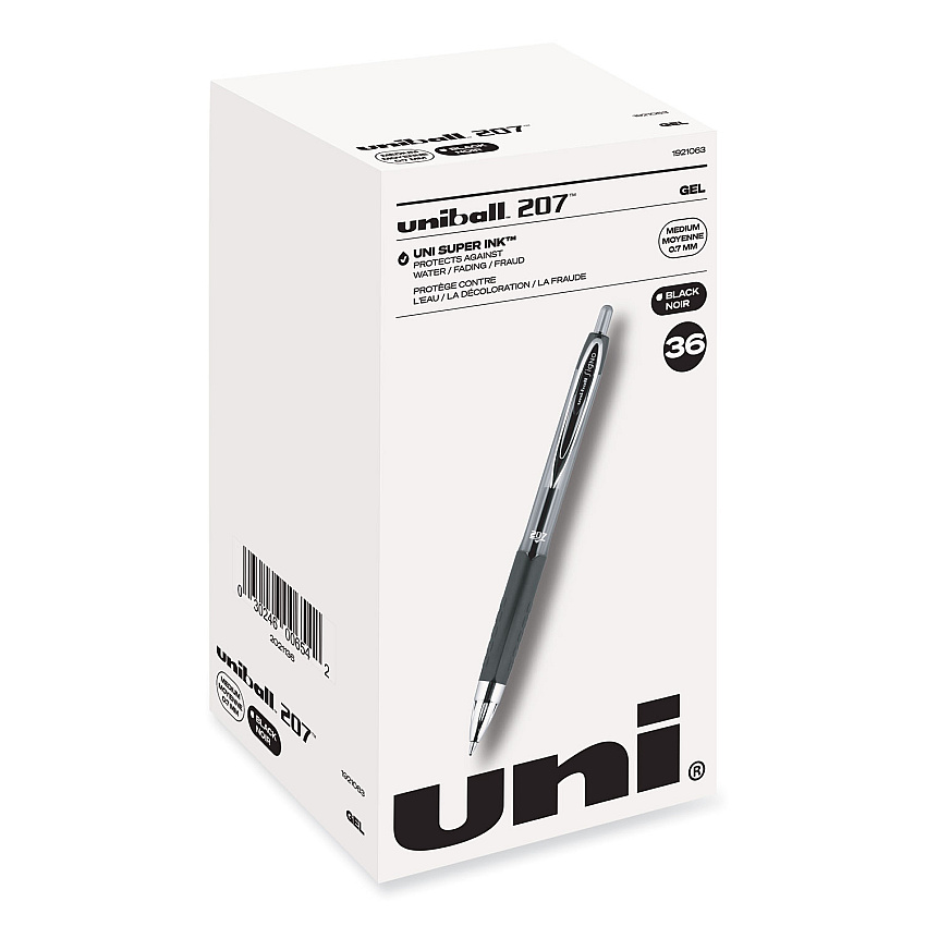 uni-ball Signo 207 Gel Pen Value Pack, Retractable, Medium 0.7 mm, Black Ink, Translucent Black Barrel, 36/Box (1921063)