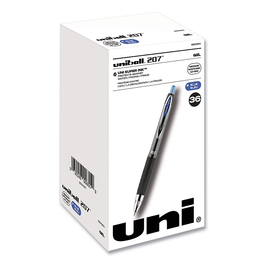 uni-ball Signo 207 Gel Pen, Retractable, Medium 0.7 mm, Blue Ink, Black Barrel, 36/Box (1921064)