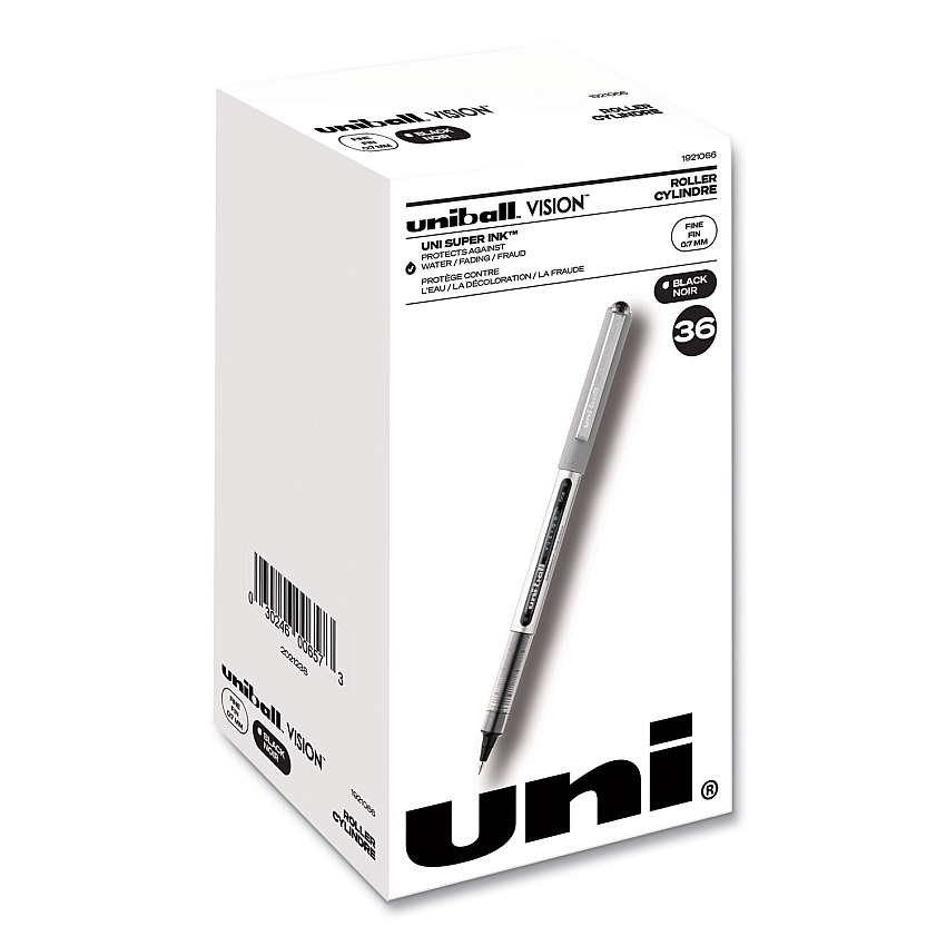 uni-ball VISION Roller Ball Pen, Stick, Fine 0.7 mm, Black Ink, Silver Barrel, 36/Pack (1921066)