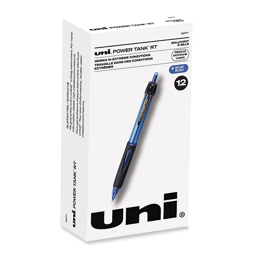 uni-ball Power Tank RT Ballpoint Pen, Retractable, Bold 1 mm, Blue Ink, Translucent Blue Barrel, Dozen (42071)