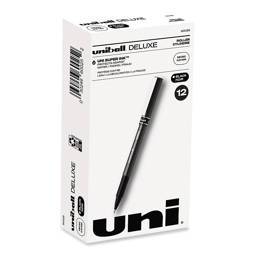 uni-ball Deluxe Roller Ball Pen, Stick, Micro 0.5 mm, Black Ink, Metallic Gray Barrel, Dozen (60025)