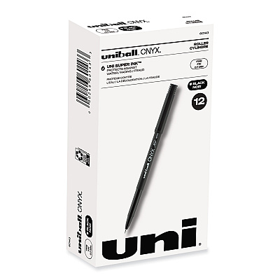 uni-ball ONYX Roller Ball Pen, Stick, Fine 0.7 mm, Black Ink, Black Matte Barrel, Dozen (60143)