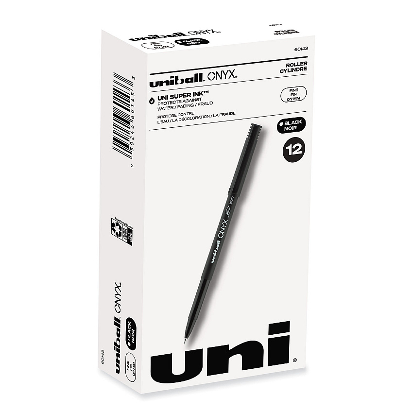 uni-ball ONYX Roller Ball Pen, Stick, Fine 0.7 mm, Black Ink, Black Matte Barrel, Dozen (60143)