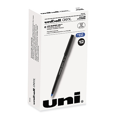 uni-ball ONYX Roller Ball Pen, Stick, Fine 0.7 mm, Blue Ink, Black Matte Barrel, Dozen (60145)