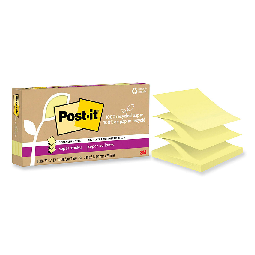 Post-it 100% Recycled Paper Super Sticky Notes, 3" x 3", Canary Yellow, 70 Sheets/Pad, 6 Pads/Pack (R330R6SSCY)