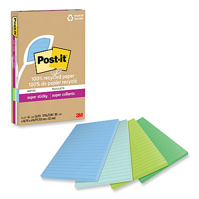 Post-it 100% Recycled Paper Super Sticky Notes, Ruled, 4" x 6", Oasis, 45 Sheets/Pad, 4 Pads/Pack (4621R4SST)