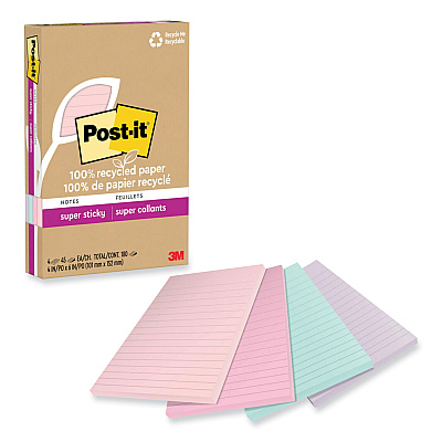 Post-it 100% Recycled Paper Super Sticky Notes, Ruled, 4" x 6", Wanderlust Pastels, 45 Sheets/Pad, 4 Pads/Pack (4621R4SSNRP)