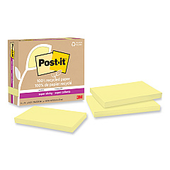 Post-it 100% Recycled Paper Super Sticky Notes, 3" x 5", Canary Yellow, 70 Sheets/Pad, 12 Pads/Pack (655R12SSCY)