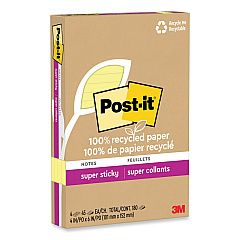 Post-it 100% Recycled Paper Super Sticky Notes, Ruled, 4" x 6", Canary Yellow, 45 Sheets/Pad, 4 Pads/Pack (4621R4SSCY)