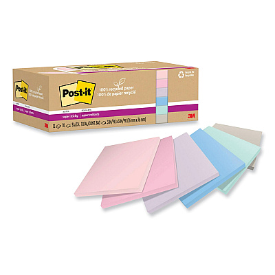 Post-it 100% Recycled Paper Super Sticky Notes, 3" x 3", Wanderlust Pastels, 70 Sheets/Pad, 12 Pads/Pack (654R12SSNRP)