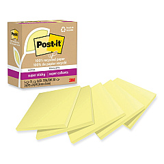 Post-it 100% Recycled Paper Super Sticky Notes, 3" x 3", Canary Yellow, 70 Sheets/Pad, 5 Pads/Pack (654R5SSCY)