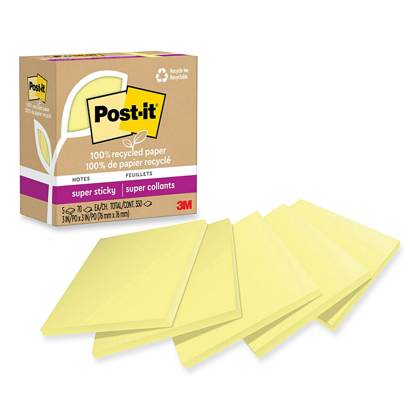 Post-it 100% Recycled Paper Super Sticky Notes, 3" x 3", Canary Yellow, 70 Sheets/Pad, 5 Pads/Pack (654R5SSCY)