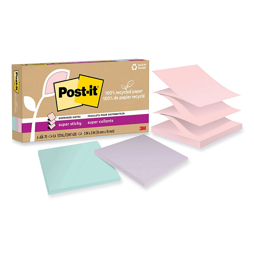 Post-it 100% Recycled Paper Super Sticky Notes, 3" x 3", Wanderlust Pastels, 70 Sheets/Pad, 6 Pads/Pack (R330R6SSNRP)