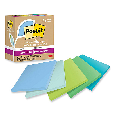 Post-it 100% Recycled Paper Super Sticky Notes, 3" x 3", Oasis, 70 Sheets/Pad, 5 Pads/Pack (654R5SST)