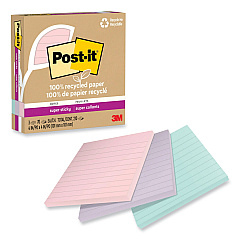 Post-it 100% Recycled Paper Super Sticky Notes, Ruled, 4" x 4", Wanderlust Pastels, 70 Sheets/Pad, 3 Pads/Pack (675R3SSNRP)