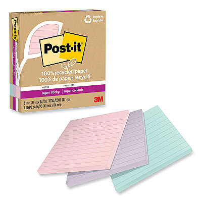 Post-it 100% Recycled Paper Super Sticky Notes, Ruled, 4" x 4", Wanderlust Pastels, 70 Sheets/Pad, 3 Pads/Pack (675R3SSNRP)
