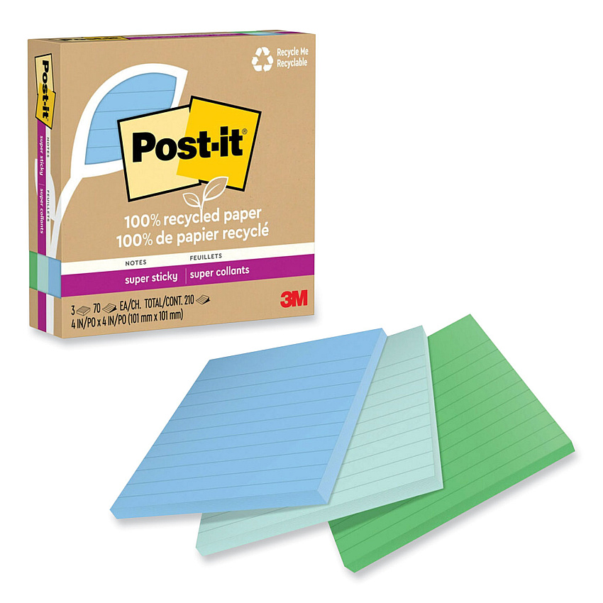 Post-it 100% Recycled Paper Super Sticky Notes, Ruled, 4" x 4", Oasis, 70 Sheets/Pad, 3 Pads/Pack (675R3SST)