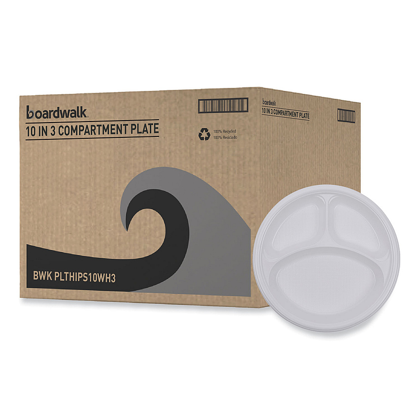 Boardwalk Hi-Impact Plastic Dinnerware, Plate, 3-Compartment, 10" dia, White, 500/Carton (BWKPLTHIPS10WH3)