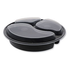 Pactiv Newspring VERSAtainer Microwavable Containers, Round, 3-Compartment, 39 oz, 9 x 9 x 2.25, Black/Clear, Plastic, 150/Carton (NC9388B)