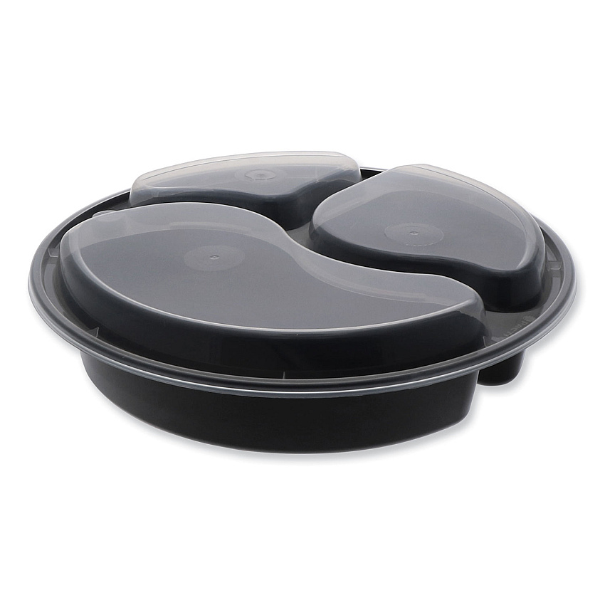 Pactiv Newspring VERSAtainer Microwavable Containers, Round, 3-Compartment, 39 oz, 9 x 9 x 2.25, Black/Clear, Plastic, 150/Carton (NC9388B)
