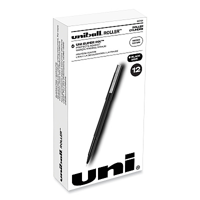 uni-ball Roller Ball Pen, Stick, Micro 0.5 mm, Black Ink, Black Matte Barrel, Dozen (60151)