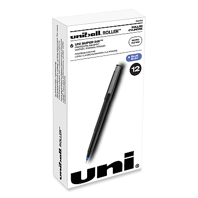 uni-ball Roller Ball Pen, Stick, Micro 0.5 mm, Blue Ink, Black Matte Barrel, Dozen (60153)