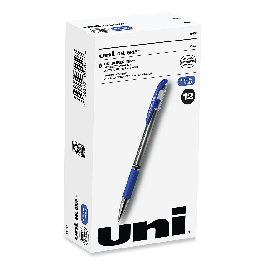 uni-ball Signo GRIP Gel Pen, Stick, Medium 0.7 mm, Blue Ink, Silver/Blue Barrel, Dozen (65451)