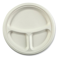 AmerCareRoyal Bagasse PFAS-Free Dinnerware, 3-Compartment Plate, 10.24" dia, White, 500/Carton (PL11NPFA)