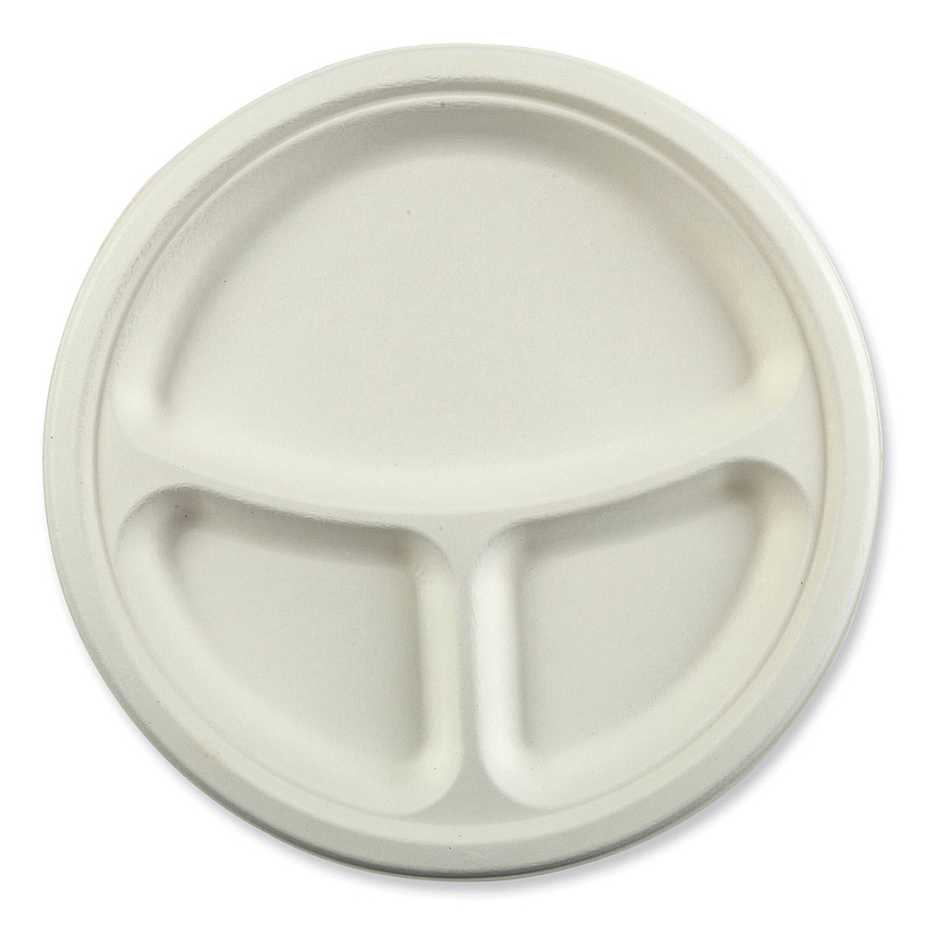 AmerCareRoyal Bagasse PFAS-Free Dinnerware, 3-Compartment Plate, 10.24" dia, White, 500/Carton (PL11NPFA)