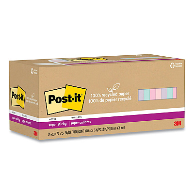 Post-it 100% Recycled Paper Super Sticky Notes, 3" x 3", Wanderlust Pastels, 70 Sheets/Pad, 24 Pads/Pack (654R24SSNRP)