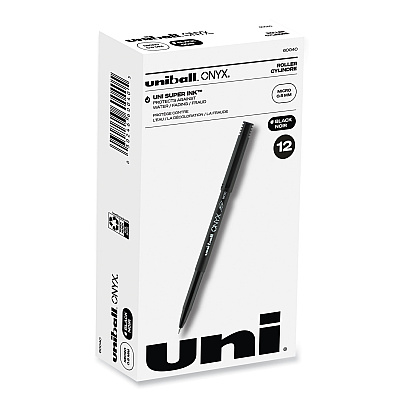 uni-ball ONYX Roller Ball Pen, Stick, Micro 0.5 mm, Black Ink, Black Matte Barrel, Dozen (60040)