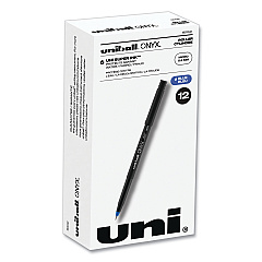 uni-ball ONYX Roller Ball Pen, Stick, Micro 0.5 mm, Blue Ink, Black Matte Barrel, Dozen (60041)