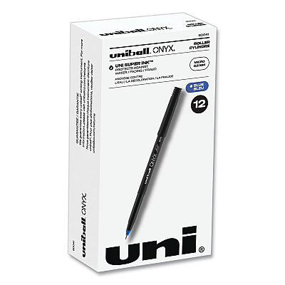 uni-ball ONYX Roller Ball Pen, Stick, Micro 0.5 mm, Blue Ink, Black Matte Barrel, Dozen (60041)