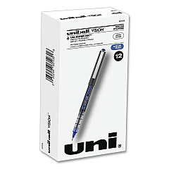 uni-ball VISION Roller Ball Pen, Stick, Micro 0.5 mm, Blue Ink, Blue/Gray Barrel, Dozen (60108)