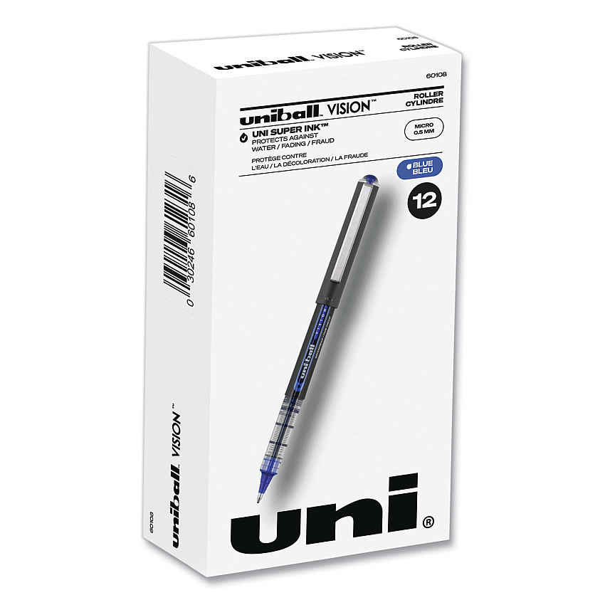 uni-ball VISION Roller Ball Pen, Stick, Micro 0.5 mm, Blue Ink, Blue/Gray Barrel, Dozen (60108)