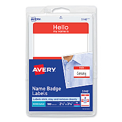 Avery Printable Self-Adhesive Name Badges, 2 1/3 x 3 3/8, Red "Hello", 100/Pack (5140)