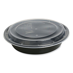 GEN Microwavable Food Container with Lid, Round, 48 oz, 8.85 x 8.85 x 2.24, Black/Clear, Plastic, 150/Carton (GENTORND48)