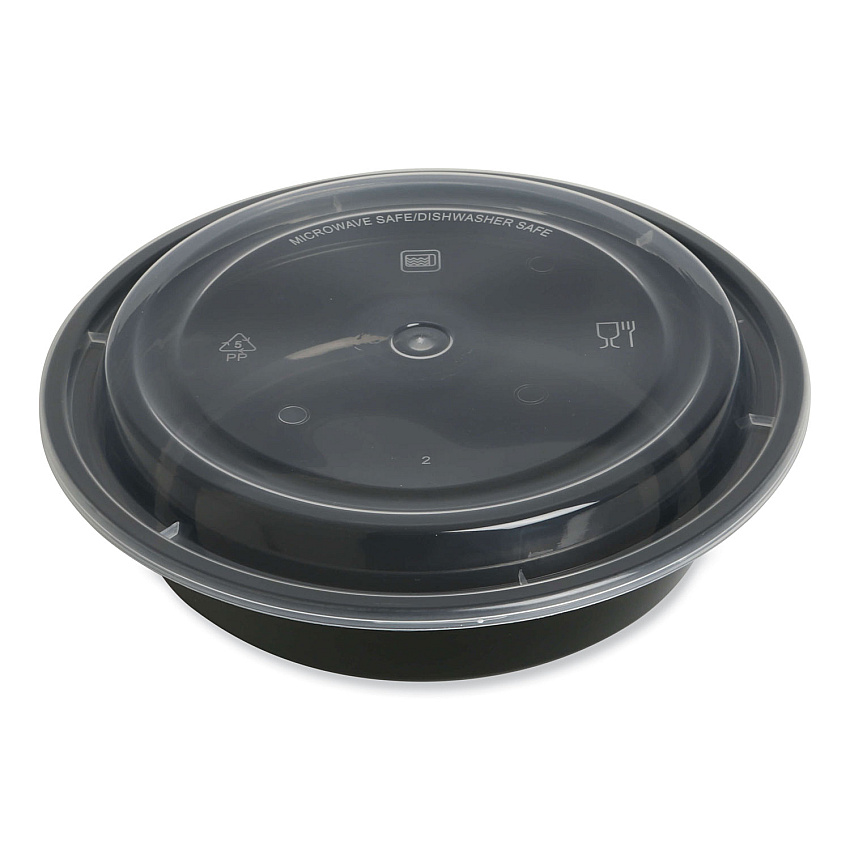 GEN Microwavable Food Container with Lid, Round, 24 oz, 7.28 x 7.28 x 1.96, Black/Clear, Plastic, 150/Carton (GENTORND24)