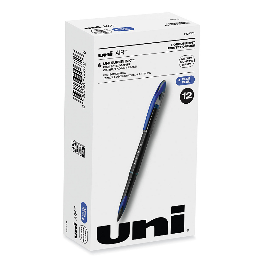 uni-ball AIR Porous Roller Ball Pen, Stick, Medium 0.7 mm, Blue Ink, Black Barrel, Dozen (1927701)