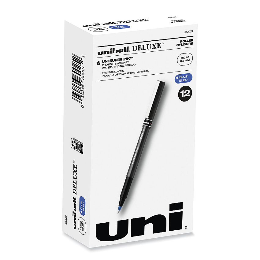 uni-ball Deluxe Roller Ball Pen, Stick, Micro 0.5 mm, Blue Ink, Metallic Gray Barrel, Dozen (60027)