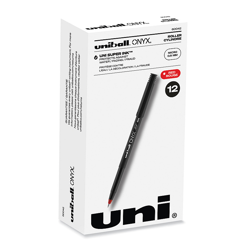 uni-ball ONYX Roller Ball Pen, Stick, Micro 0.5 mm, Red Ink, Black Matte Barrel, Dozen (60042)