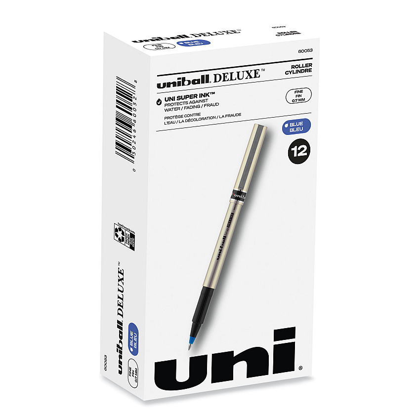 uni-ball Deluxe Roller Ball Pen, Stick, Fine 0.7 mm, Blue Ink, Champagne Barrel, Dozen (60053)