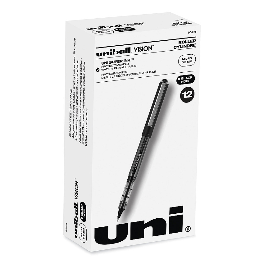 uni-ball VISION Roller Ball Pen, Stick, Micro 0.5 mm, Black Ink, Black/Gray Barrel, Dozen (60106)