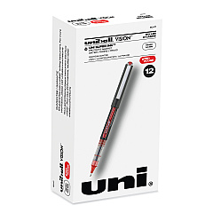 uni-ball VISION Roller Ball Pen, Stick, Micro 0.5 mm, Red Ink, Gray/Red Barrel, Dozen (60117)