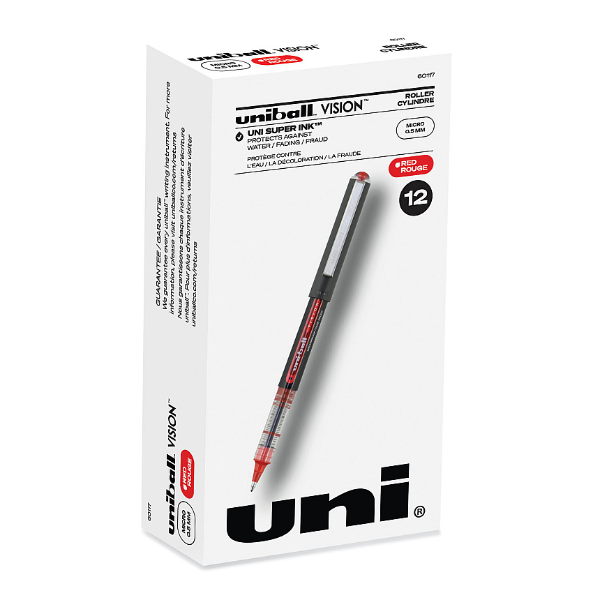 uni-ball VISION Roller Ball Pen, Stick, Micro 0.5 mm, Red Ink, Gray/Red Barrel, Dozen (60117)
