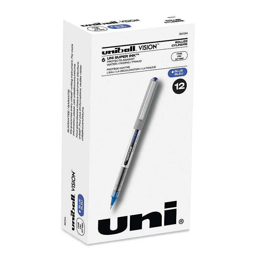 uni-ball VISION Roller Ball Pen, Stick, Fine 0.7 mm, Blue Ink, Blue/Gray Barrel, Dozen (60134)